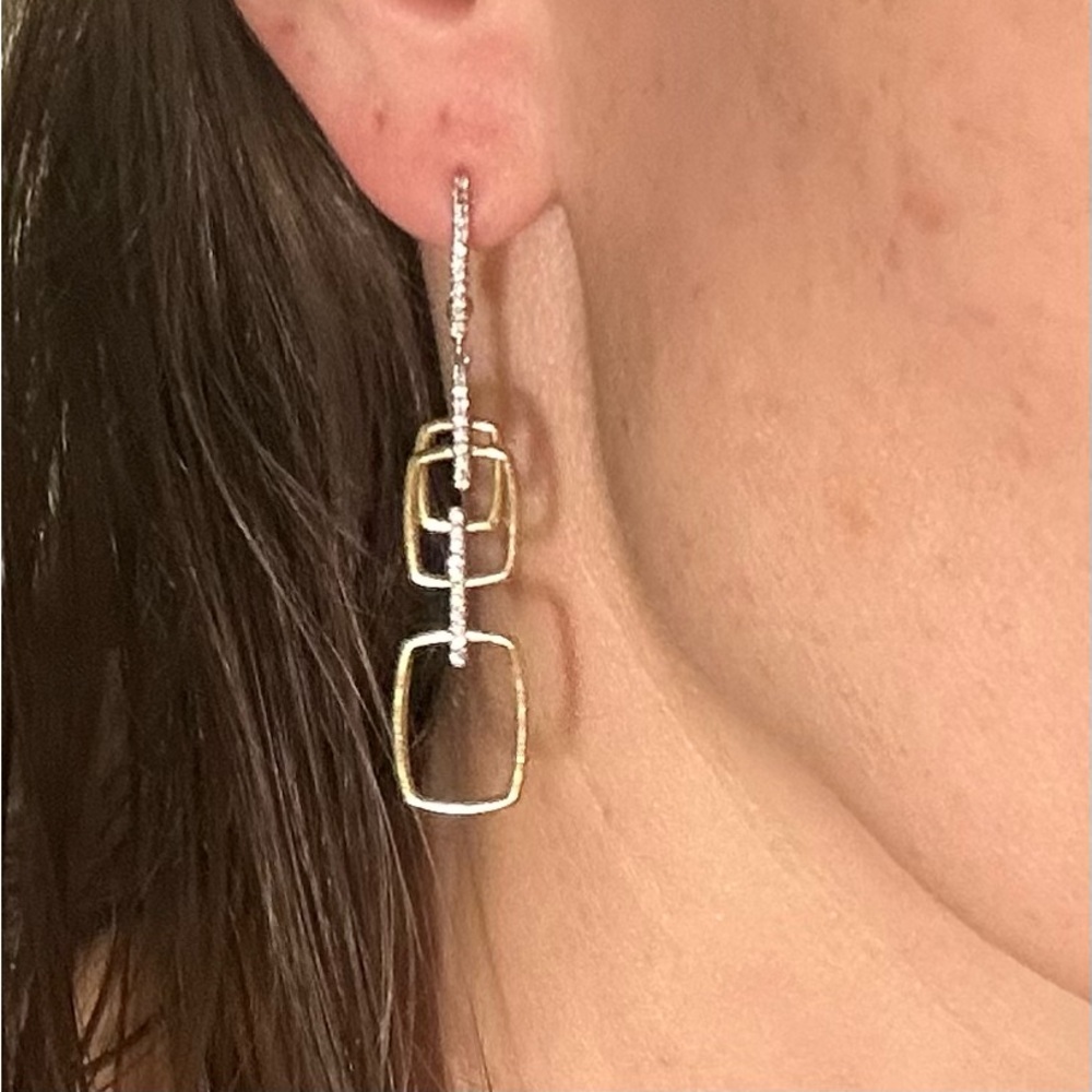 14k Gold and White Gold Double Square Diamond Drop Earrings - Women Jewelry - Picture 3 of 5
